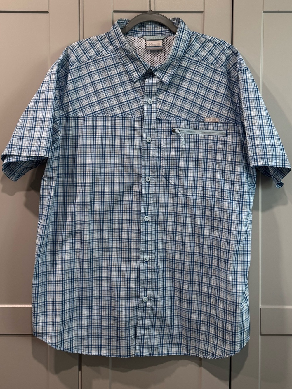 Columbia Blue and White Plaid Short-Sleeve Button-Down Shirt